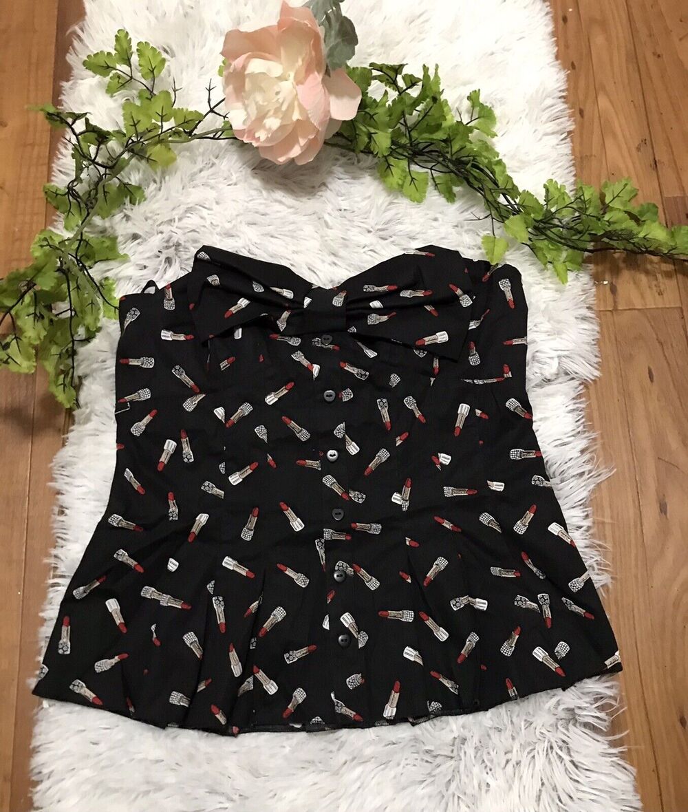 Vgt BEBE Sexy Black Lipstick Bow Sleeveless Cocktail Top Blouse M Retail $54